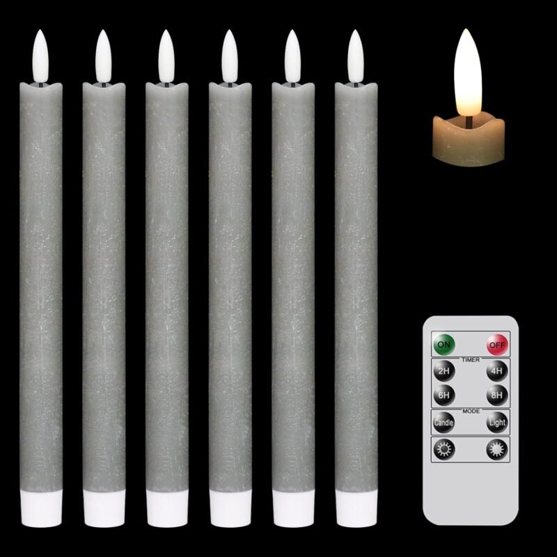 GenSwin Flameless Grey Taper Candles Flickering with 10-Key Remote, Battery Operated Led Warm 3D Wick Light Window Candles Real Wax Pack of 6, Christmas Home Wedding Decor(0.78...