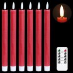 GenSwin Flameless Red Taper Candles Flickering with 10-Key Remote, Battery Operated Led Warm 3D Wick Light Window Candles Real Wax Pack of 6, Christmas Home Wedding Decor(0.78 X...