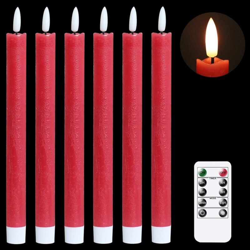 GenSwin Flameless Red Taper Candles Flickering with 10-Key Remote, Battery Operated Led Warm 3D Wick Light Window Candles Real Wax Pack of 6, Christmas Home Wedding Decor(0.78 X...