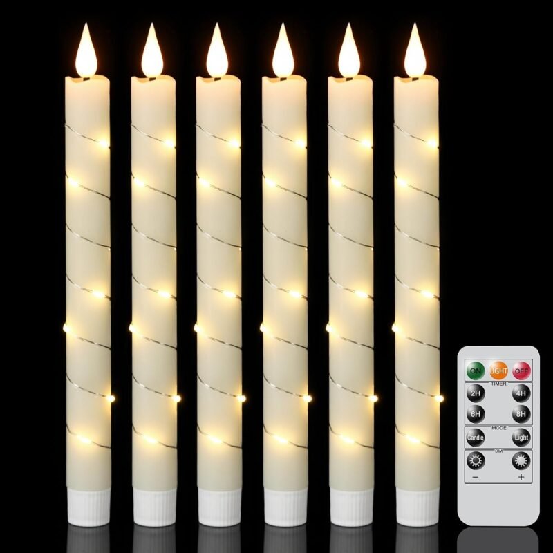 GenSwin Flameless Taper Candles with Remote and String Lights, Ivory Real Wax Taper Candles Battery Operated, LED Flameless Battery Candlesticks for Home Holiday Decor(Set of 6)