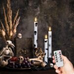 GenSwin Flameless Taper Candles with Remote Timer, 6Pcs LED Flickering Taper Candles Battery Operated Real Wax with Spider Webs/Skull/Bats Decals for Halloween Spooky Decoration...