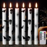 GenSwin Flameless Taper Candles with Remote Timer, 6Pcs LED Flickering Taper Candles Battery Operated Real Wax with Spider Webs/Skull/Bats Decals for Halloween Spooky Decoration...