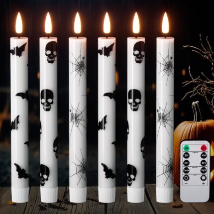 GenSwin Flameless Taper Candles with Remote Timer, 6Pcs LED Flickering Taper Candles Battery Operated Real Wax with Spider Webs/Skull/Bats Decals for Halloween Spooky Decoration...