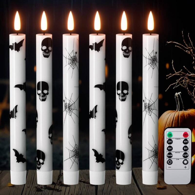 GenSwin Flameless Taper Candles with Remote Timer, 6Pcs LED Flickering Taper Candles Battery Operated Real Wax with Spider Webs/Skull/Bats Decals for Halloween Spooky Decoration...