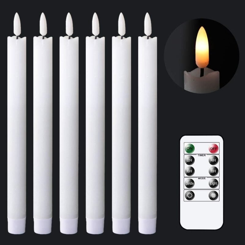 GenSwin Flameless White Taper Candles Flickering with 10-Key Remote, Battery Operated Led Warm 3D Wick Light Window Candles Real Wax Pack of 6, Christmas Home Wedding Decor(0.78...
