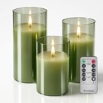 Tyawon Glass Battery Operated LED Flameless Candles with Remote and Timer, Real Wax Candles Warm Color Flickering Light for Festival Wedding Home Party Decor(Pack of 3)-Green
