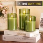 Tyawon Glass Battery Operated LED Flameless Candles with Remote and Timer, Real Wax Candles Warm Color Flickering Light for Festival Wedding Home Party Decor(Pack of 3)-Green