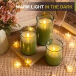 Tyawon Glass Battery Operated LED Flameless Candles with Remote and Timer, Real Wax Candles Warm Color Flickering Light for Festival Wedding Home Party Decor(Pack of 3)-Green