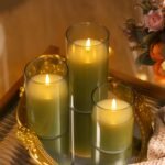 Tyawon Glass Battery Operated LED Flameless Candles with Remote and Timer, Real Wax Candles Warm Color Flickering Light for Festival Wedding Home Party Decor(Pack of 3)-Green
