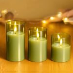 Tyawon Glass Battery Operated LED Flameless Candles with Remote and Timer, Real Wax Candles Warm Color Flickering Light for Festival Wedding Home Party Decor(Pack of 3)-Green