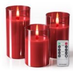 Tyawon Glass Battery Operated LED Flameless Candles with Remote and Timer, Real Wax Candles Warm Color Flickering Light for Festival Wedding Home Party Decor(Pack of 3)-Green
