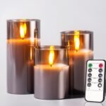 Tyawon Glass Battery Operated LED Flameless Candles with Remote and Timer, Real Wax Candles Warm Color Flickering Light for Festival Wedding Home Party Decor(Pack of 3)-Green