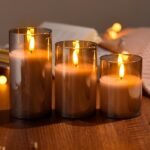 Tyawon Glass Battery Operated LED Flameless Candles with Remote and Timer, Real Wax Candles Warm Color Flickering Light for Festival Wedding Home Party Decor(Pack of 3)-Grey