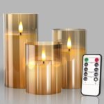Tyawon Glass Battery Operated LED Flameless Candles with Remote and Timer, Real Wax Candles Warm Color Flickering Light for Festival Wedding Home Party Decor(Pack of 3)-Grey