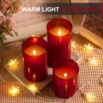 Tyawon Glass Battery Operated LED Flameless Candles with Remote and Timer, Real Wax Candles Warm Color Flickering Light for Festival Wedding Home Party Decor(Pack of 3)-Red