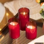 Tyawon Glass Battery Operated LED Flameless Candles with Remote and Timer, Real Wax Candles Warm Color Flickering Light for Festival Wedding Home Party Decor(Pack of 3)-Red
