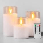 Tyawon Glass Battery Operated LED Flameless Candles with Remote and Timer, Real Wax Candles Warm Color Flickering Light for Festival Wedding Home Party Decor(Pack of 3)-Red