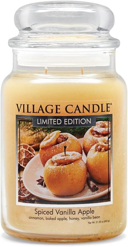 Village Candle Spiced Vanilla Apple, Large Glass Apothecary Jar Scented Candle, 21.25 oz, Ivory