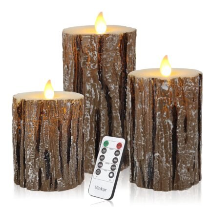 Vinkor Flameless Candles Battery Operated Candles Real Wax Pillar LED Candles with 10-Key Remote and Cycling 24 Hours Timer (Birch Effect 4" 5" 6")