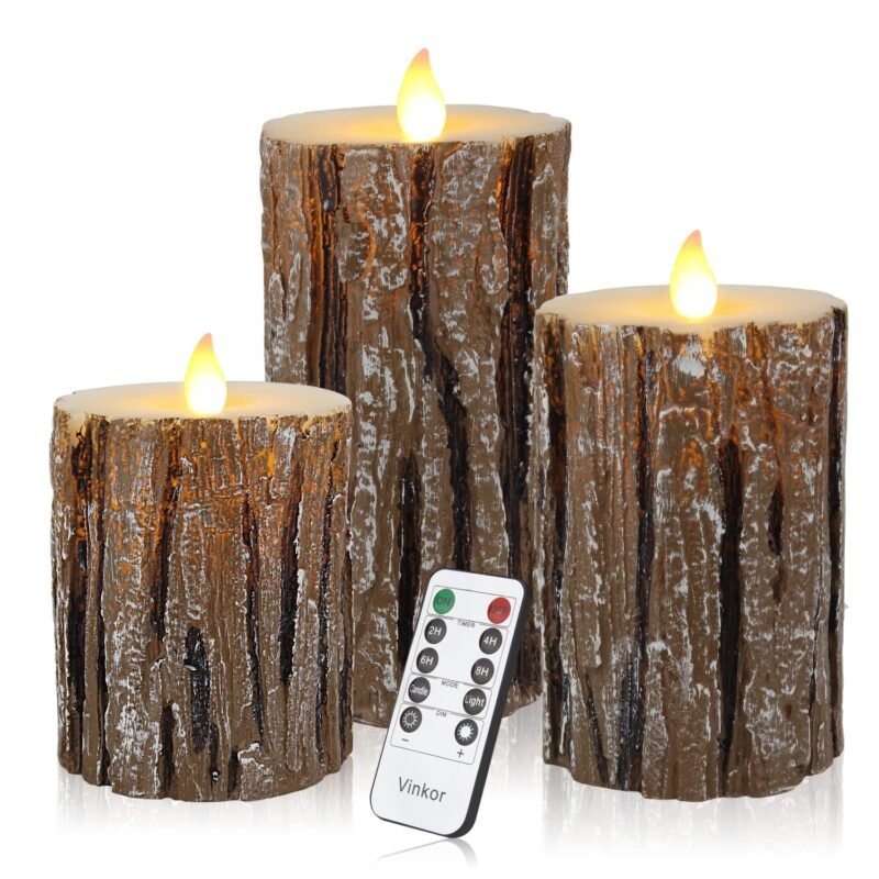 Vinkor Flameless Candles Battery Operated Candles Real Wax Pillar LED Candles with 10-Key Remote and Cycling 24 Hours Timer (Birch Effect 4" 5" 6")