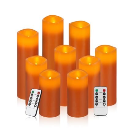 Vinkor Flameless Candles Battery Operated Candles Real Wax Pillar LED Candles with 10-Key Remote and Cycling 24 Hours Timer (Orange Set of 9)