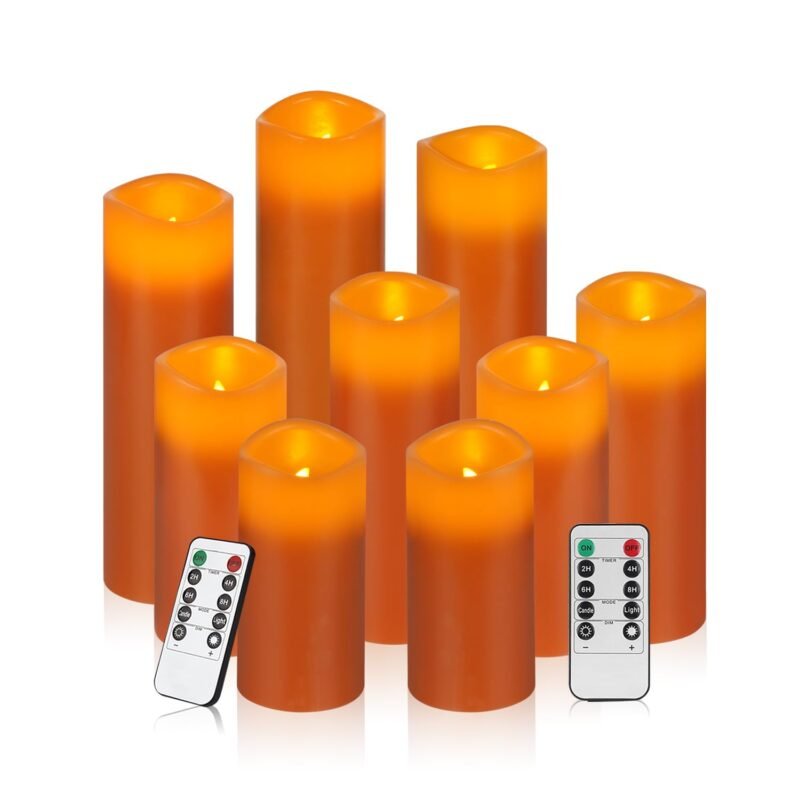 Vinkor Flameless Candles Battery Operated Candles Real Wax Pillar LED Candles with 10-Key Remote and Cycling 24 Hours Timer (Orange Set of 9)